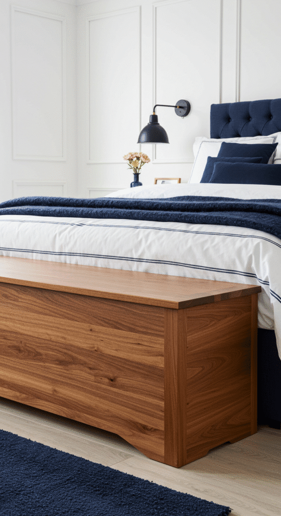 Luxury bedroom in white and navy blue with a handcrafted wooden blanket box at the foot of the bed, smooth timber finish, navy bedding, white walls, and warm ambient lighting.
