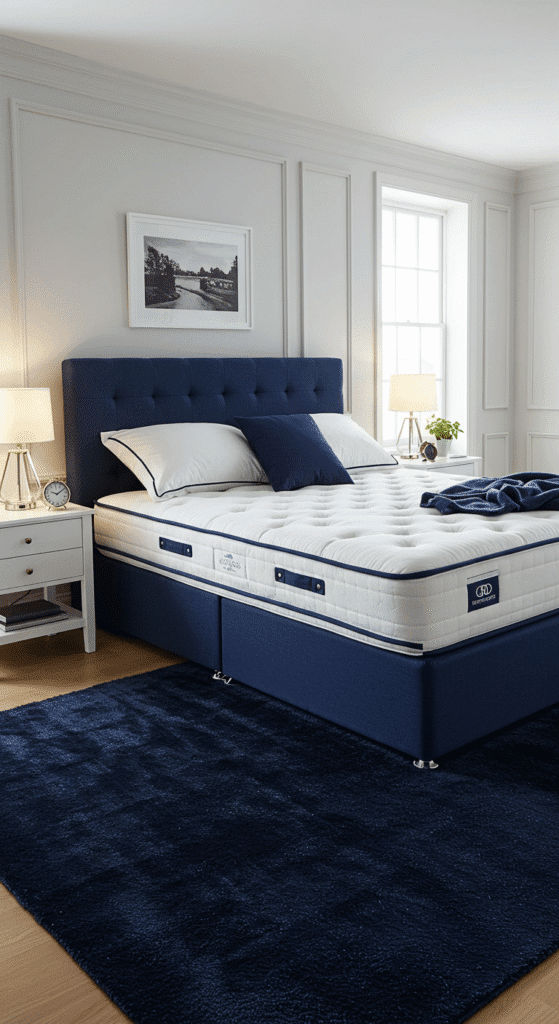 Luxury UK bedroom with navy blue and white décor, featuring a premium mattress on an upholstered bed frame, crisp white bedding, navy pillows, and a matching throw blanket.