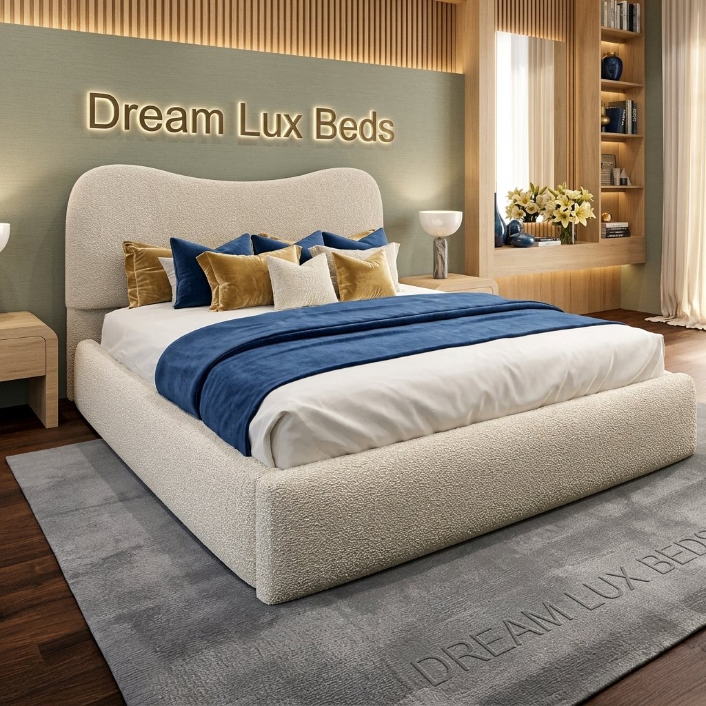 Moon Cream Bouclé Bed with Optional Ottoman Storage | DreamLuxbeds